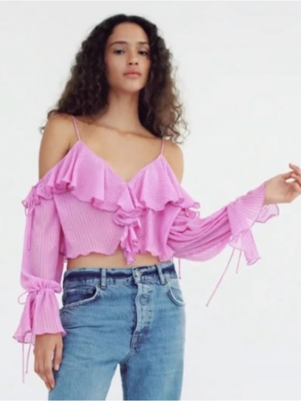 Zara Pink Off-Shoulder Ruffle Crop Top